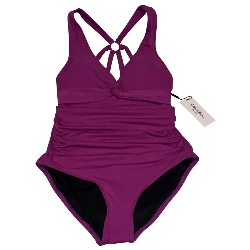Calvin Klein 10 Boysenberry Cutout Ring Back Twist-Front Swimwear One-Piece Swim_5